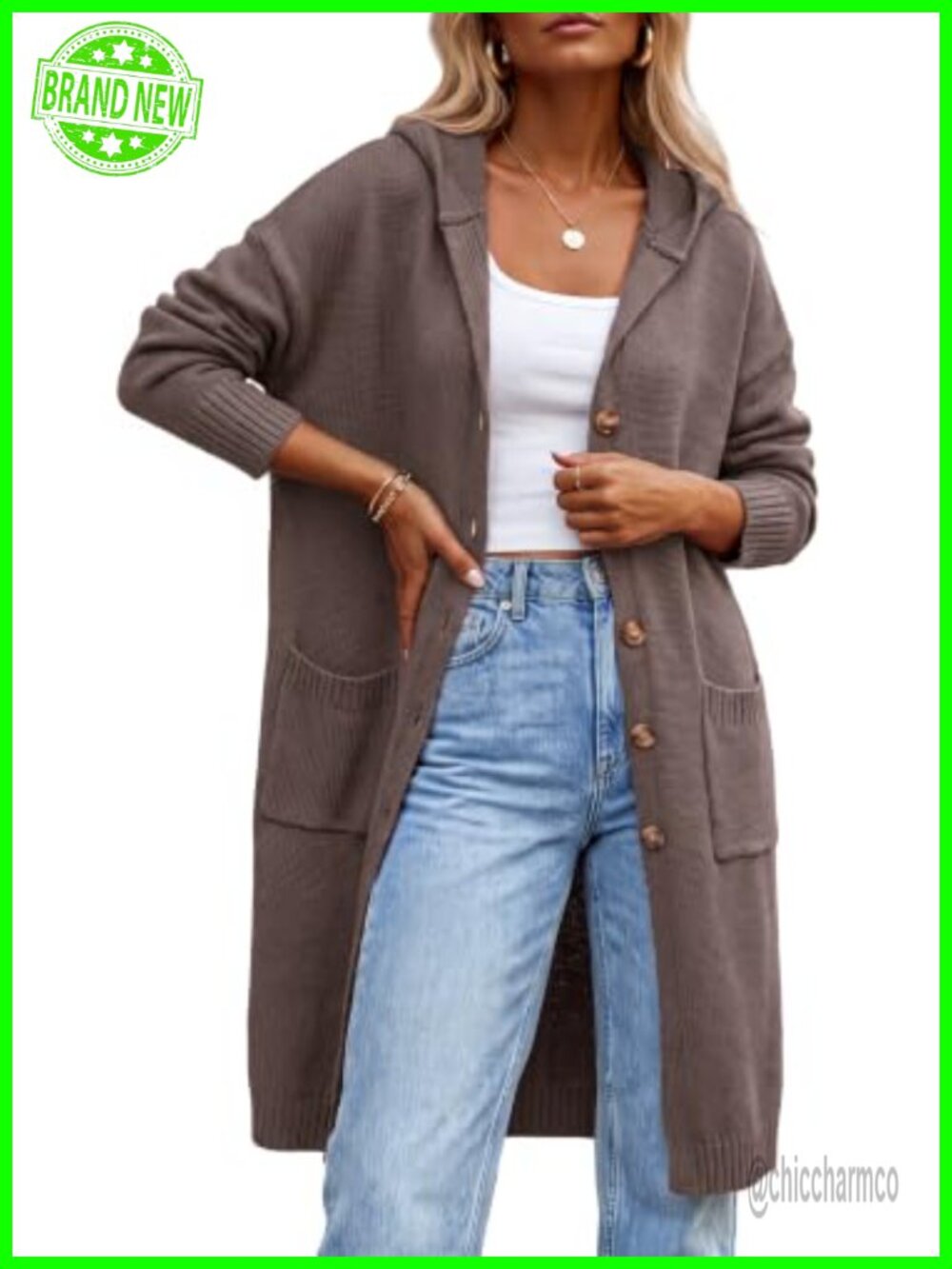 Wool Blend Oversized Hooded Cardigan Button Front Knee Length Sweater
